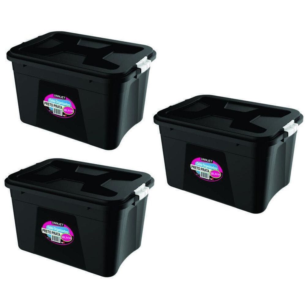Kit 3 Caixas Organizadoras Preta 56 L Com Travas Pp Uninjet