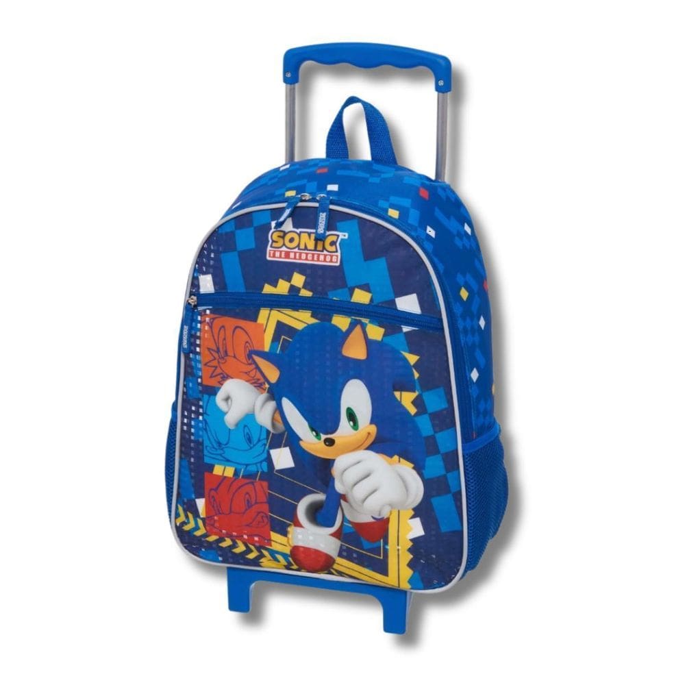 Mochila Azul Rodinhas Sonic Infantil Meninos Escolar Passeio