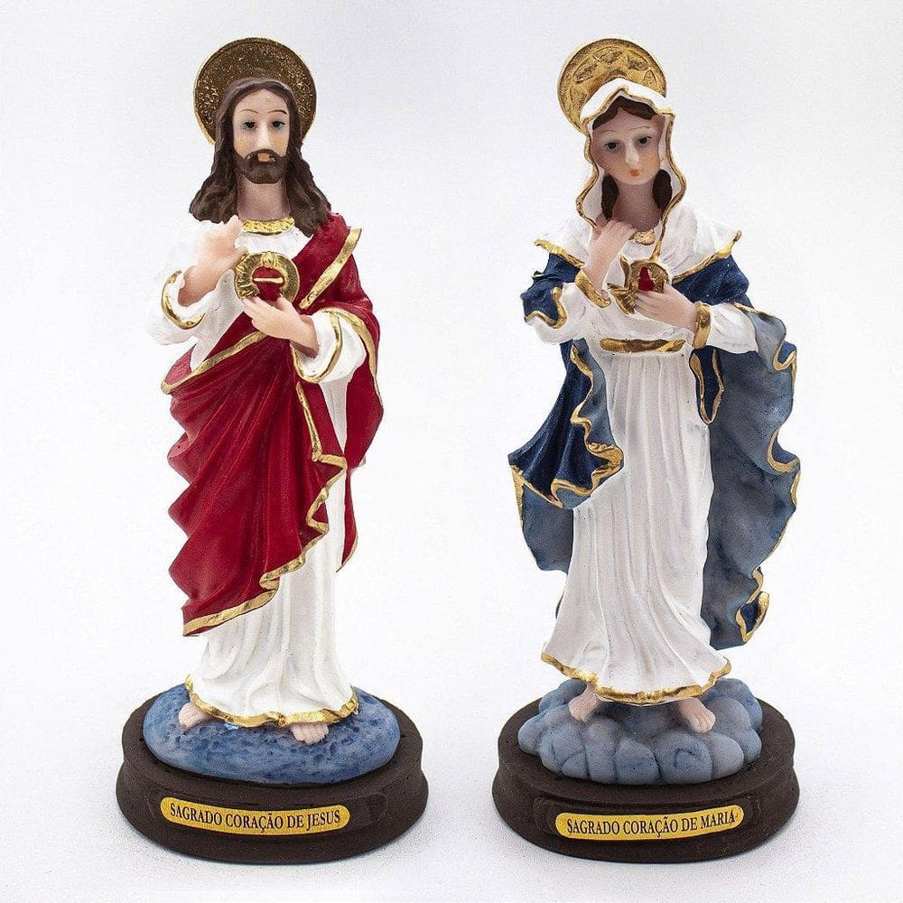 Kit Imagem Sagrado Coração De Jesus E Maria Resina 15 Cm
