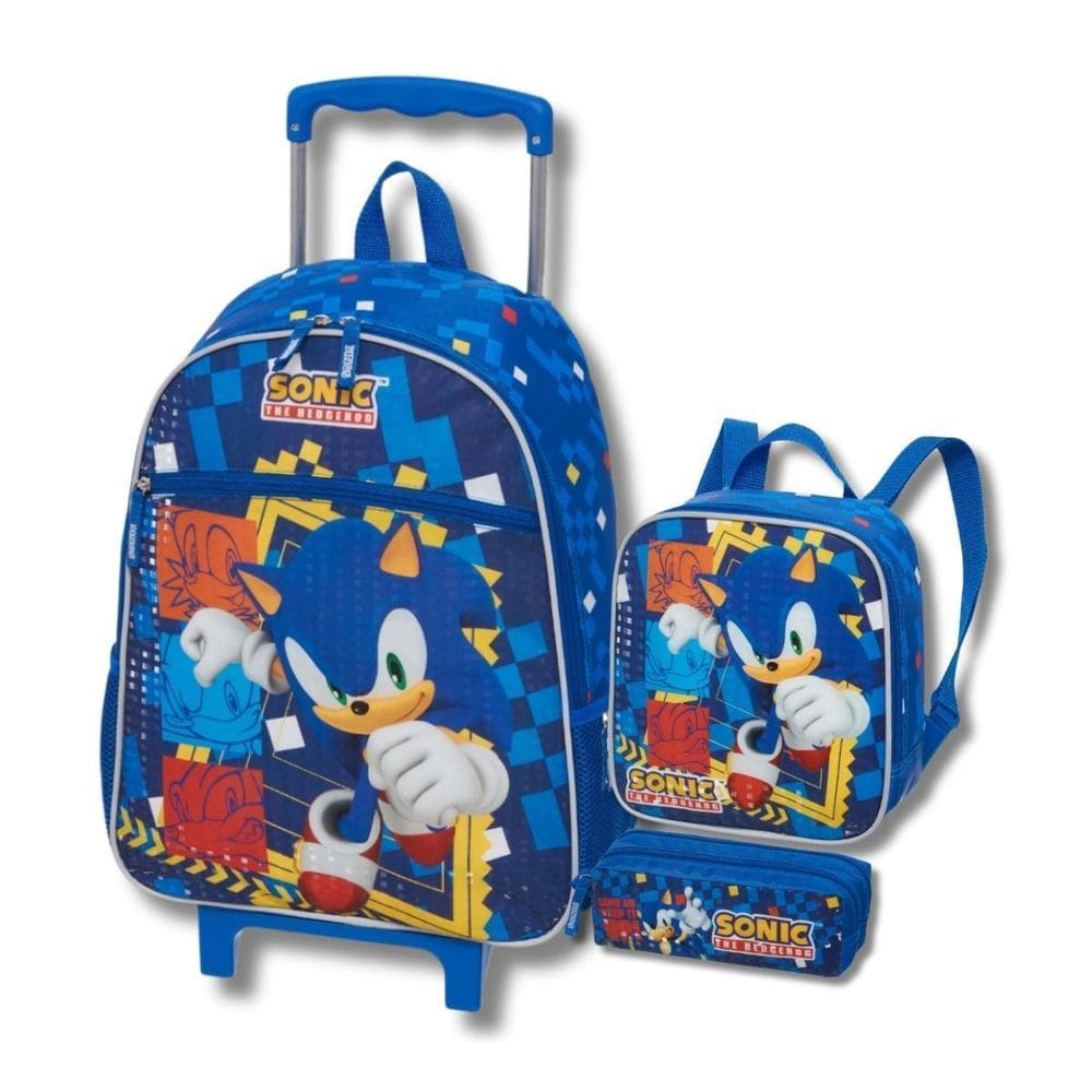 Kit Mochila Rodas Sonic Lancheira Térmica Estojo Azul