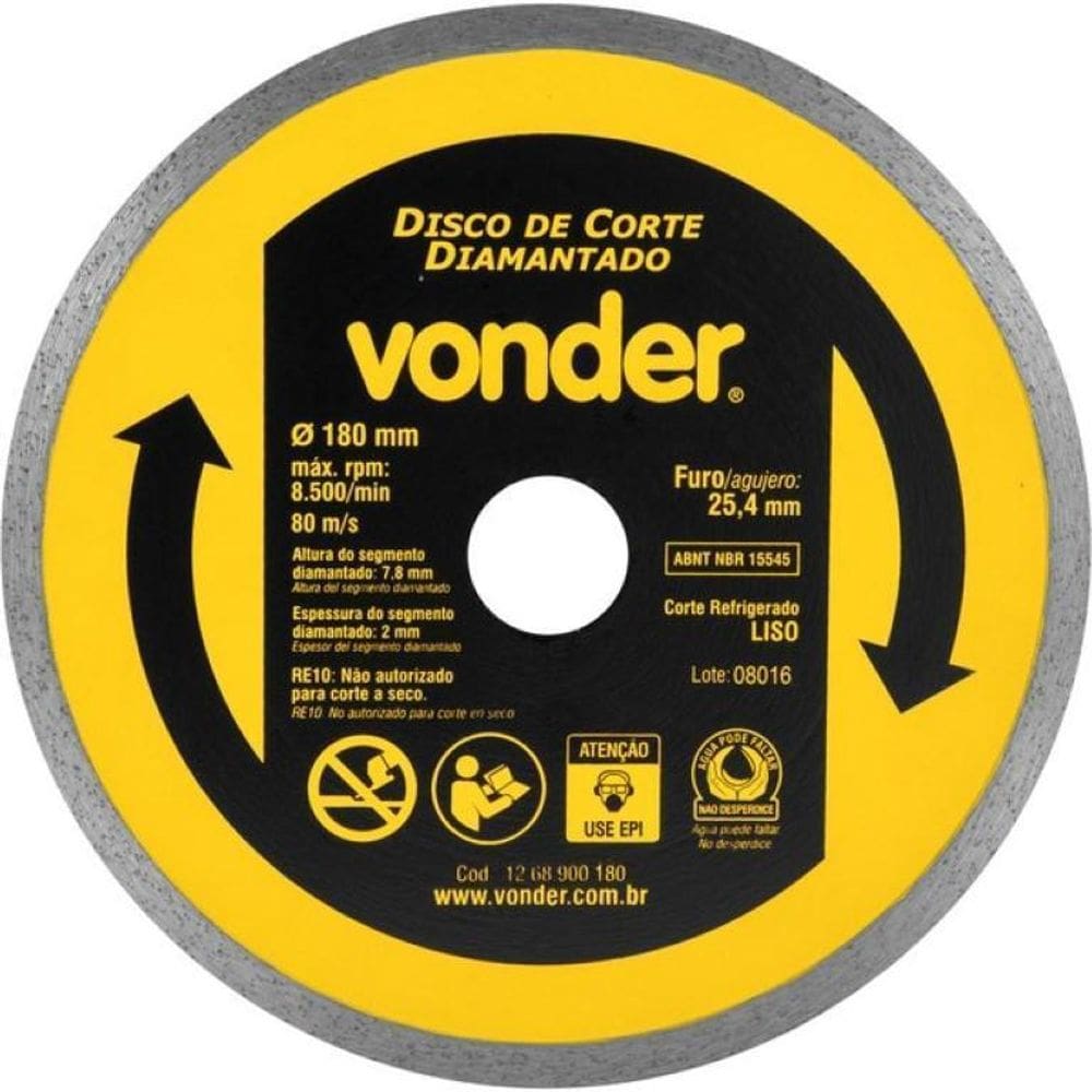 Disco De Corte Diamantado 180 Mm Liso Vonder