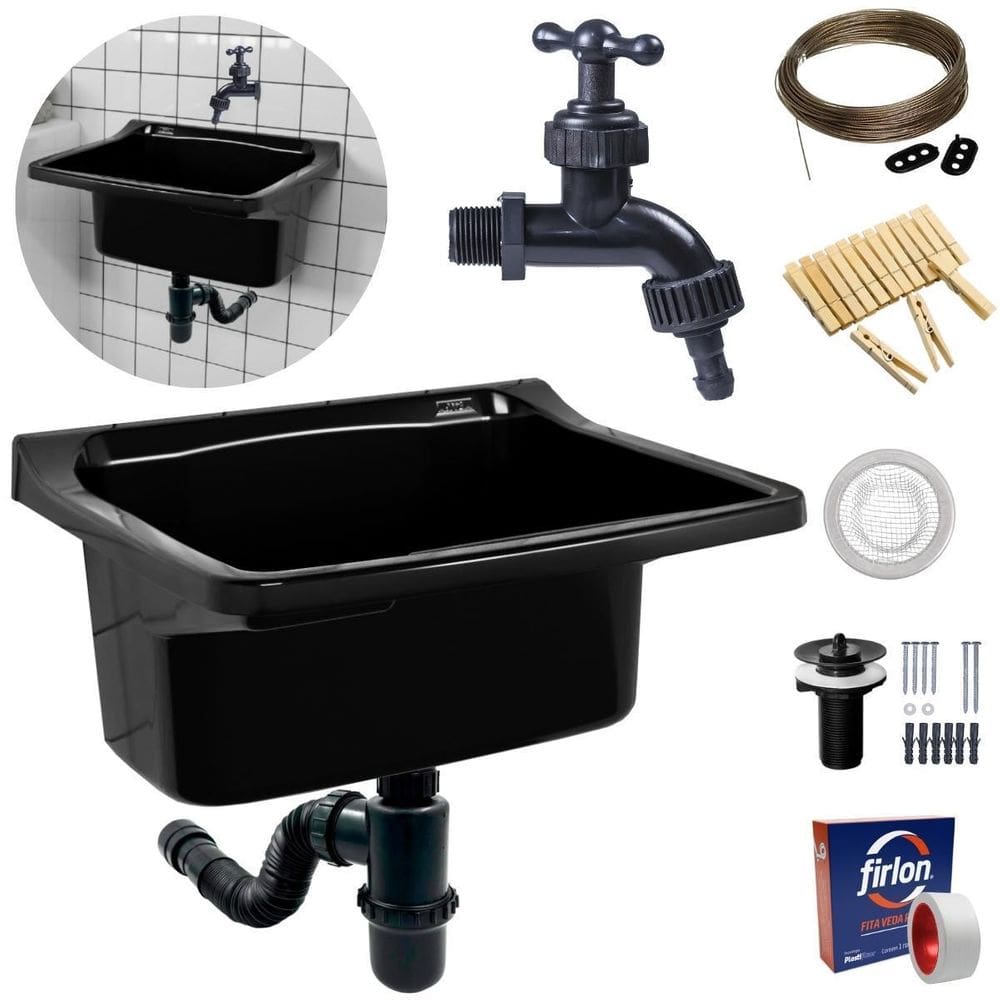 Tanque Lavanderia 22L Preto + Sifão Copo Universal Sanfonado