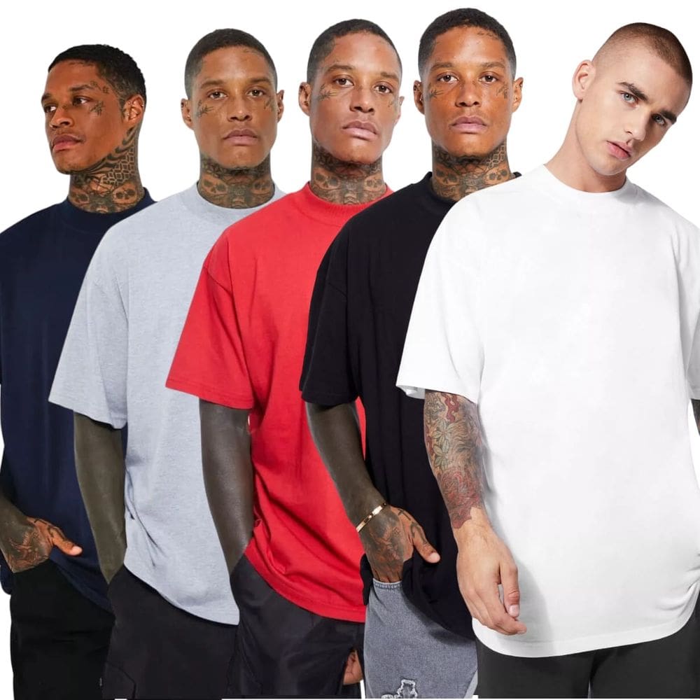 Kit 5 Camisas Oversized Algodão Básicas Gola Alta Vermelho, Preto, Branco, Azul e Cinza