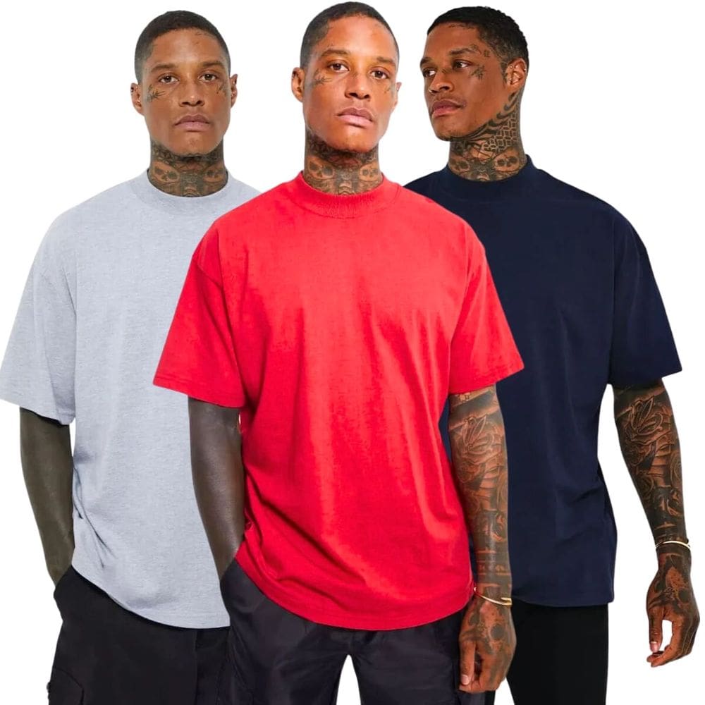 Kit 3 Camisas Oversized Gola Alta Vermelha, Azul e Cinza Claro em Algodão