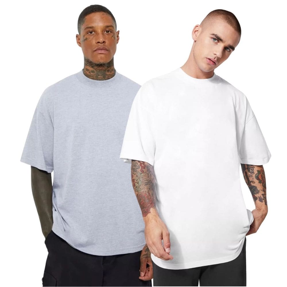 Kit 2 Camisetas Oversized Básicas Gola Alta Branca e Cinza Claro Malha Algodão