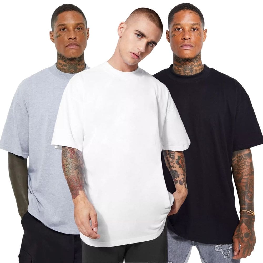 3 Camisetas Oversized Gola Alta Preta, Branca e Cinza Algodão Confortável