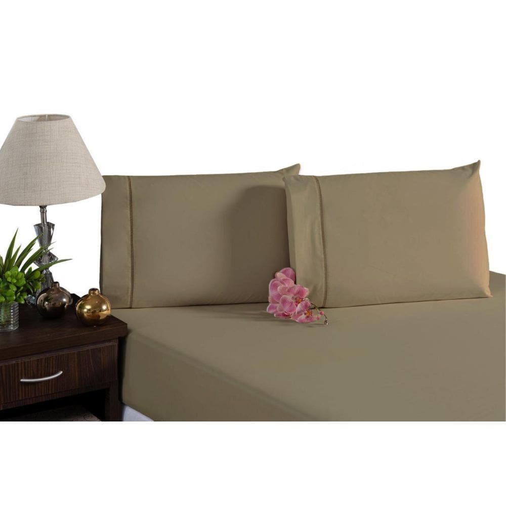 Jogo De Lençol Elástico E Fronhas Percal Algodão Bege