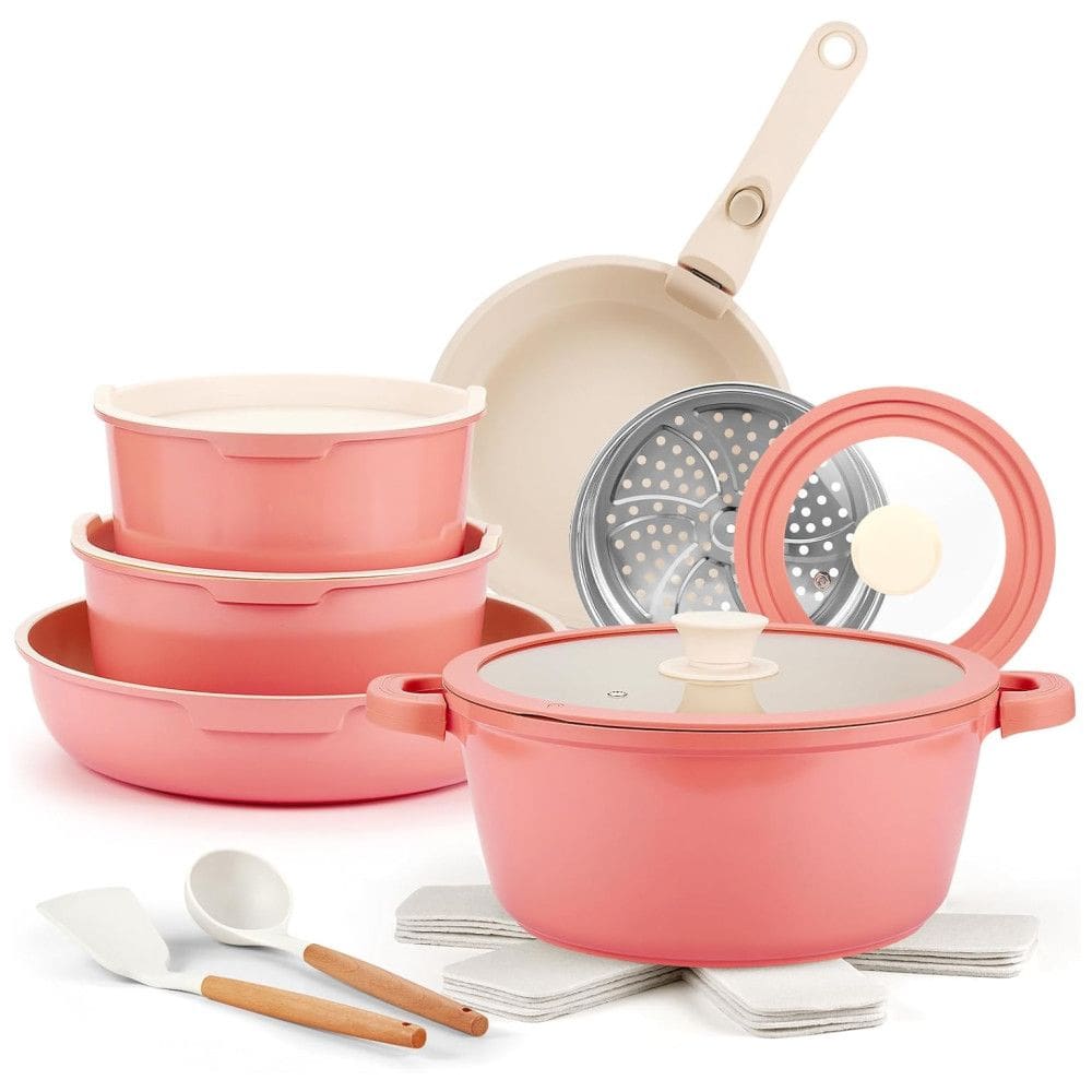Jogo de Panelas e Frigideiras Antiaderentes de Cerâmica com 19 Peças, Cabo Removível e Utensílios de Cozinha, IKTU, Rosa