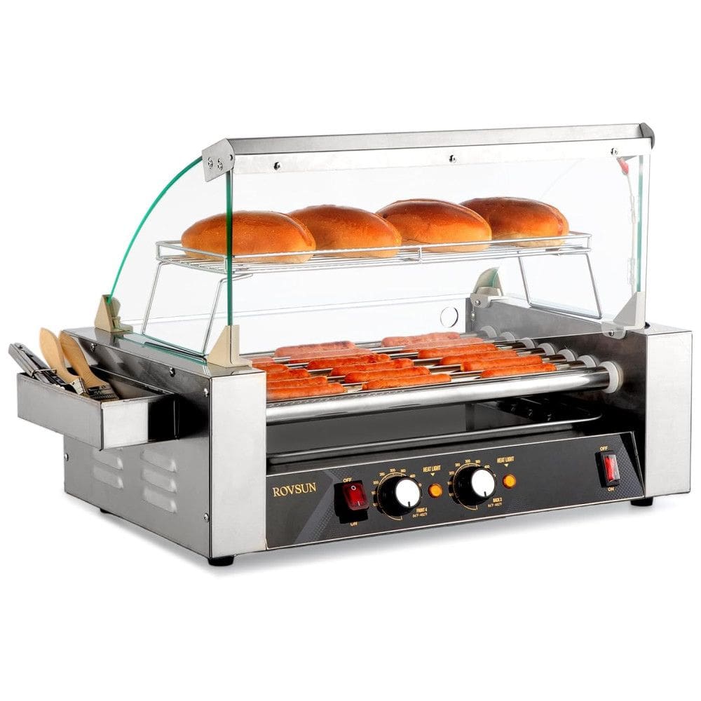 Máquina de Salsicha Hot Dog Rovsun Grill para 18 Hot Dogs, 7 rolos, 1050W, controle de temperatura duplo, iluminação LED, tampa, prateleira