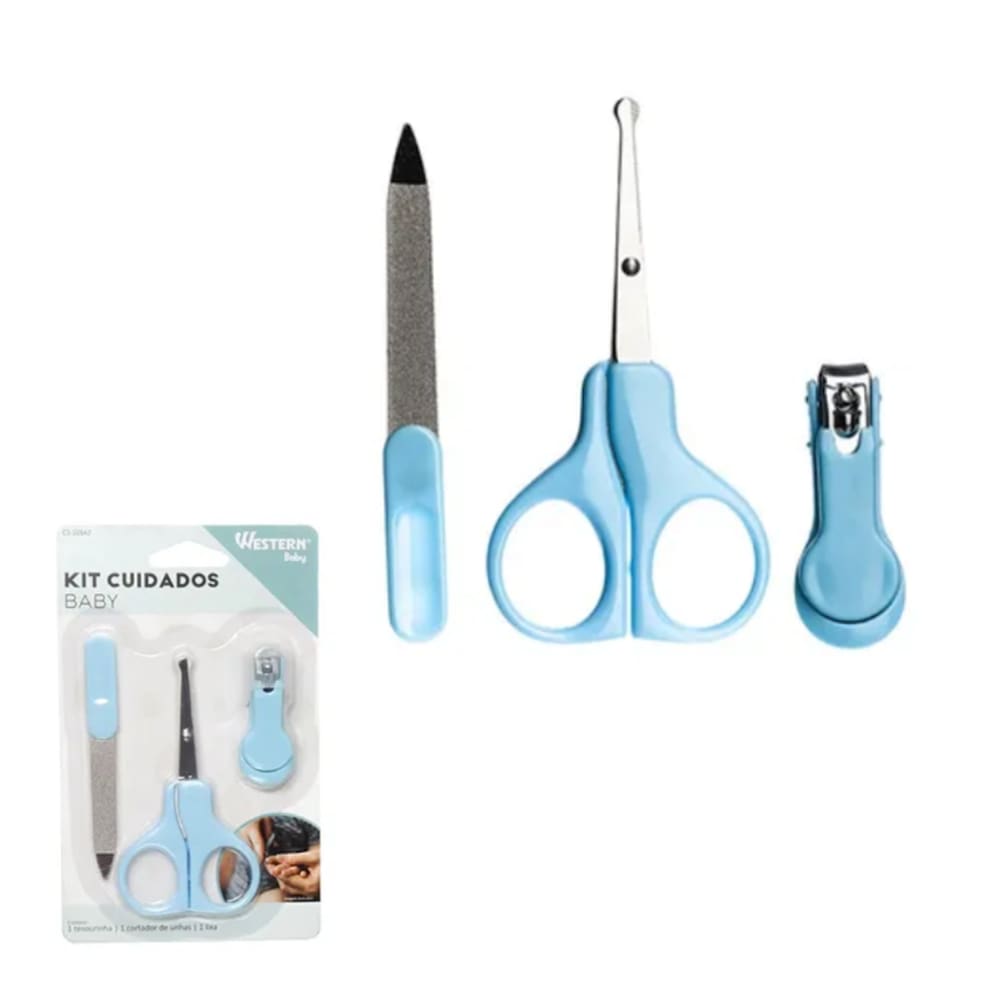 Kit Cuidados Bebe Azul Kids 3 Peças Tesoura Lixa Cortador