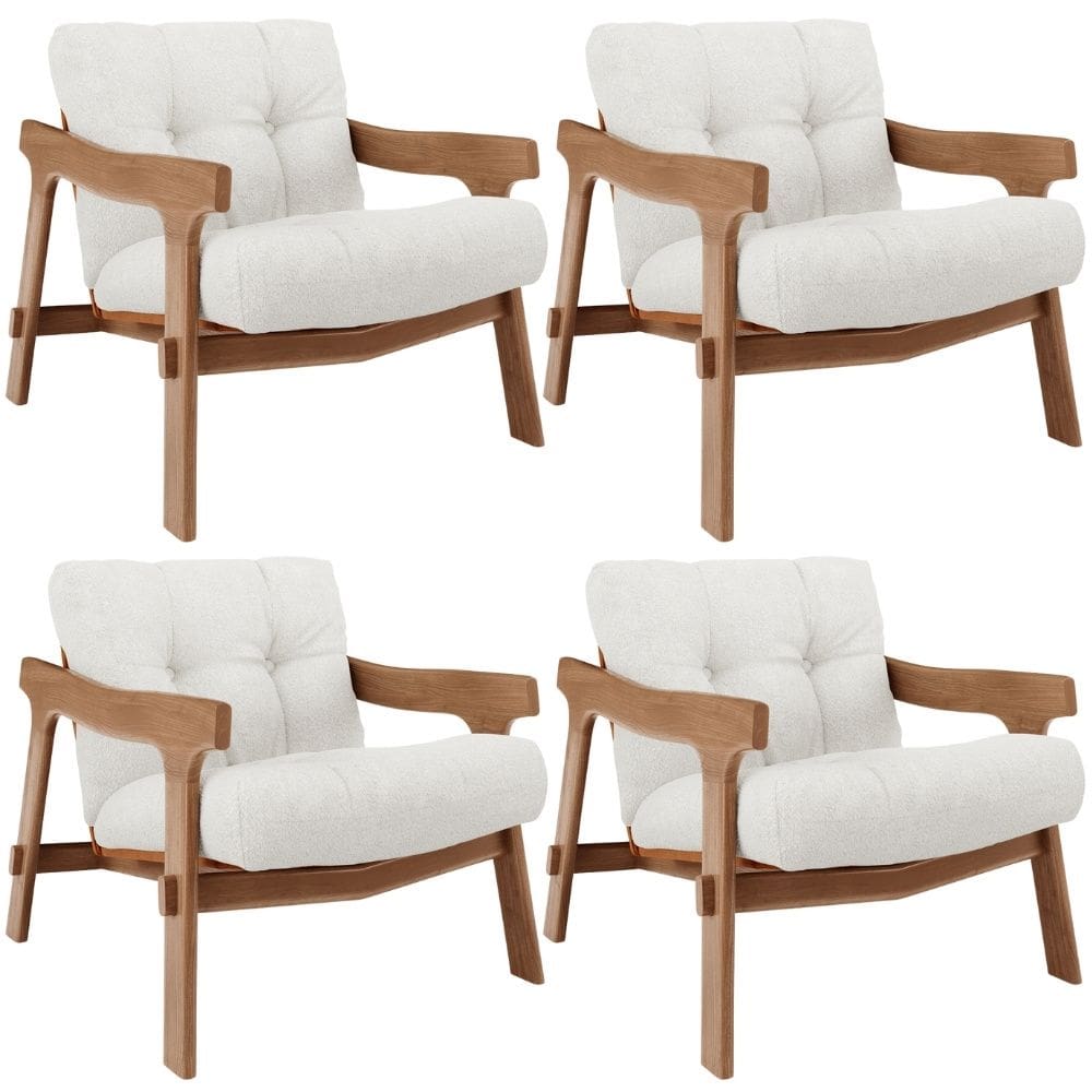 Kit 04 Poltronas Decorativa Fixa Para Sala Living Ikary L02 Canela Prime Bouclê Branco - Lyam Decor