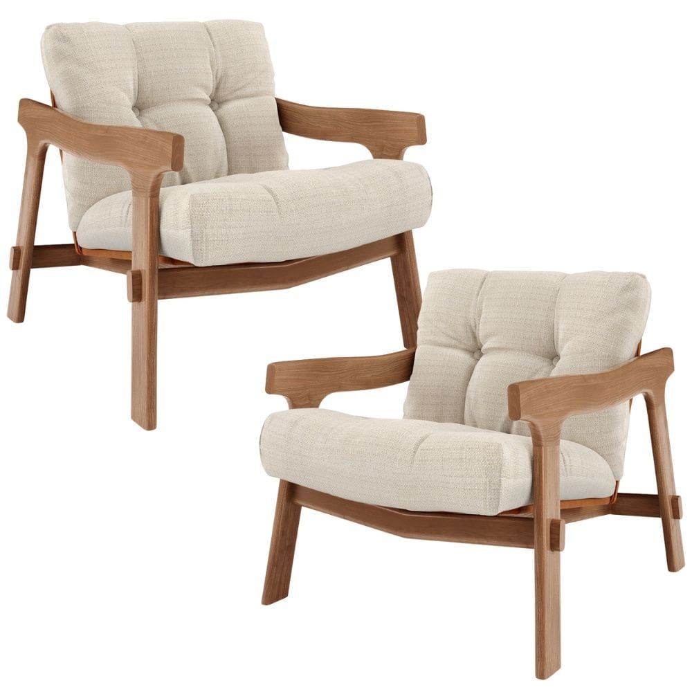 Kit 02 Poltronas Decorativa Fixa Para Sala Living Ikary L02 Canela Linho Palha - Lyam Decor