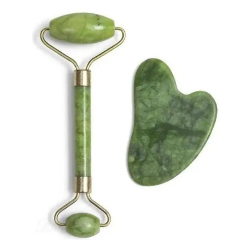 Rolo Pedra De Jade Com Placa Guasha Facial Cor Verde