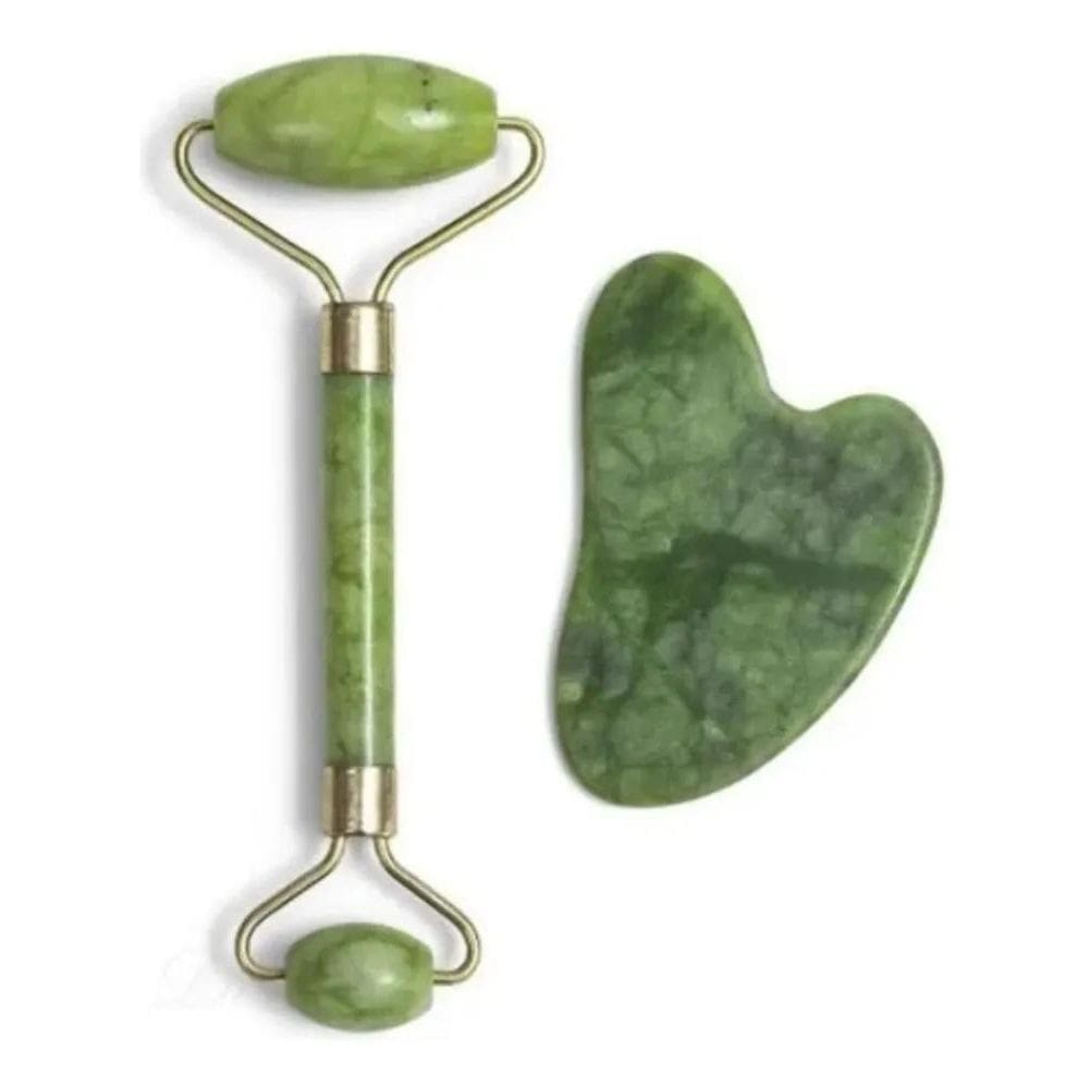 Rolo Pedra De Jade Com Placa Guasha Facial Cor Verde