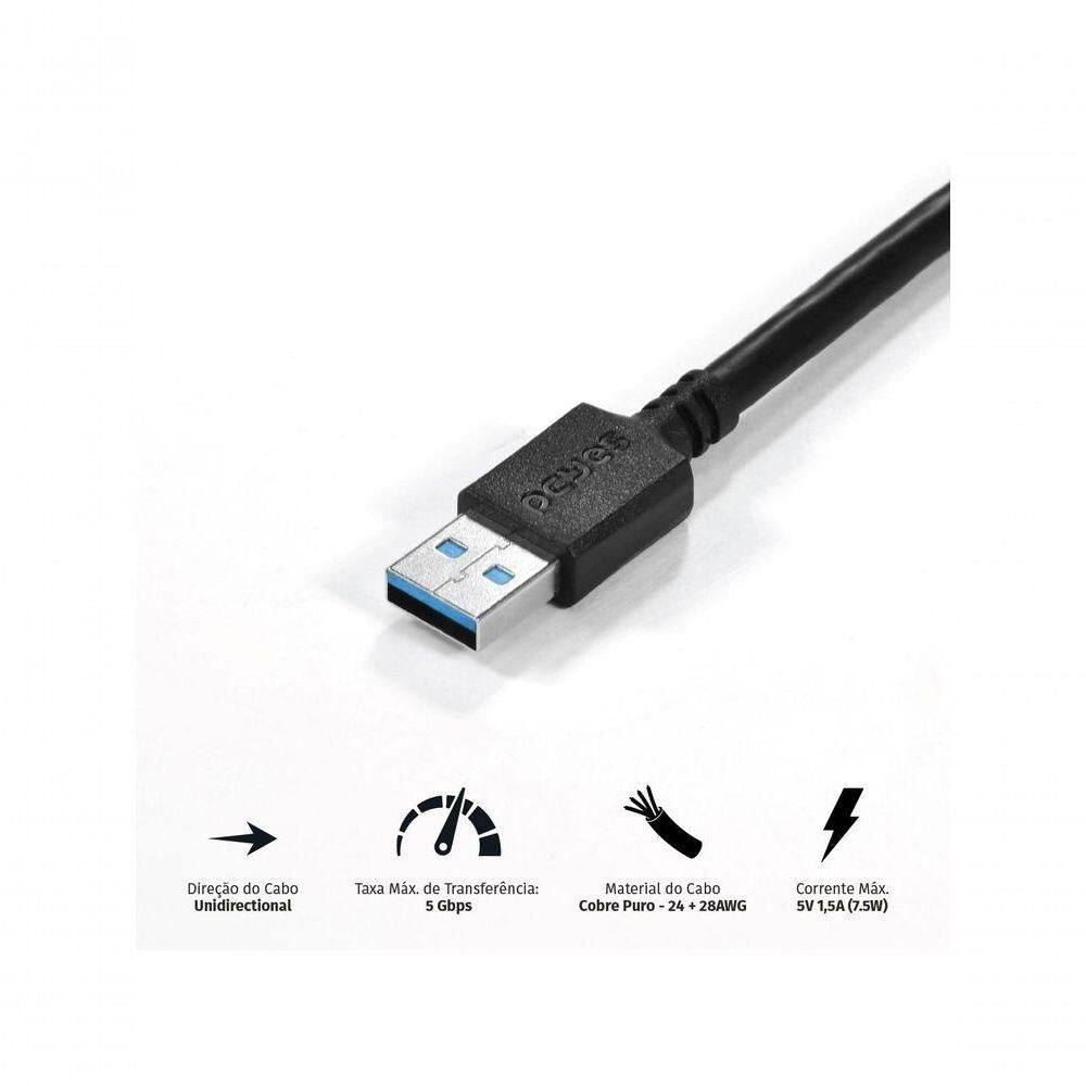 Cabo Extensor Usb A 3.0 Macho Para Usb A 3.0 Fêmea 28awg Puro Cobre 2 Metros - Puamf3-2