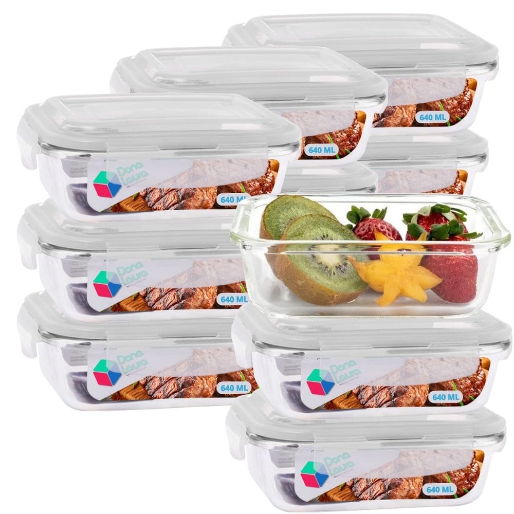 Jogo 12 Potes Marmitas Fitness 640ml Vidro Retangular Tampa Hermetico