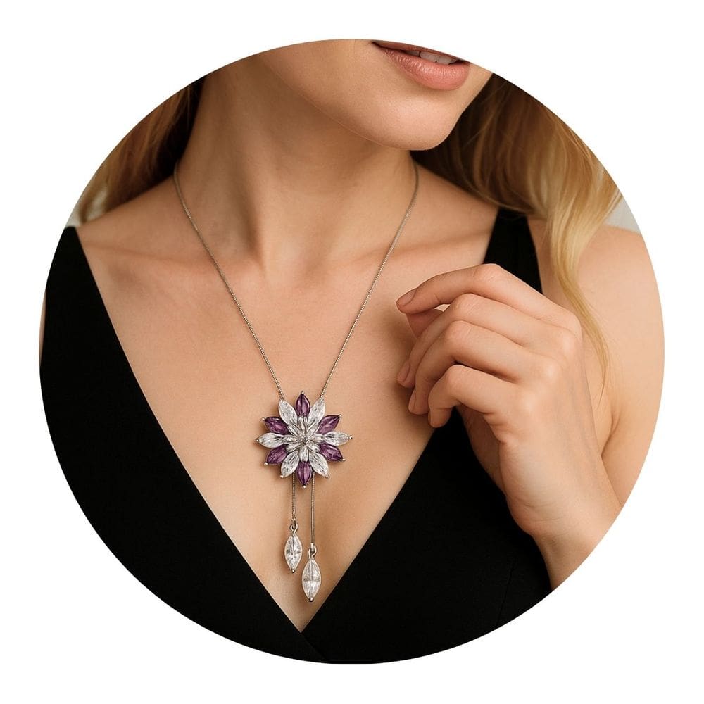 Colar Longo Flor Cristal Roxo Pérola Pérola Elegante Lux