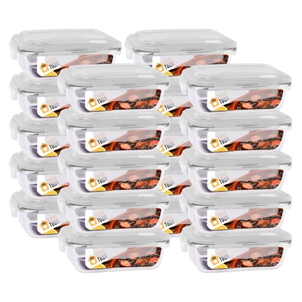 Jogo 20 Potes Marmitas Fitness 640ml Vidro Retangular Tampa Hermetico