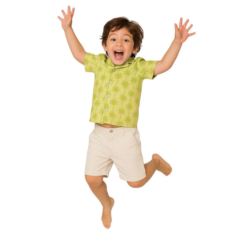 Conjunto Infantil Camisa Estampada Amarrelo + Shorts Bege