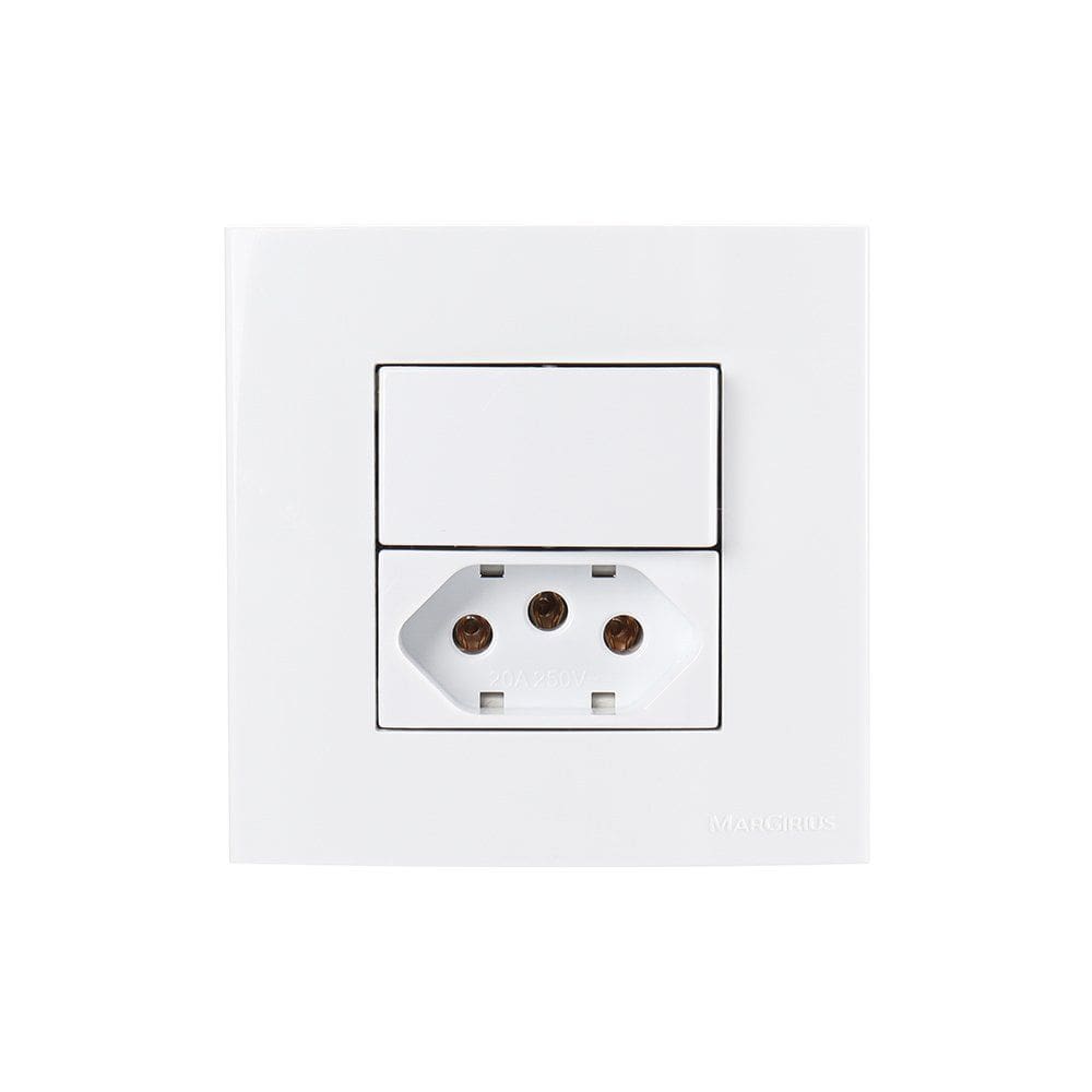 Placa para Móveis 80x80 com Interruptor Simples 10A e Tomada 2P+T 20A MarGirius Sleek Branca