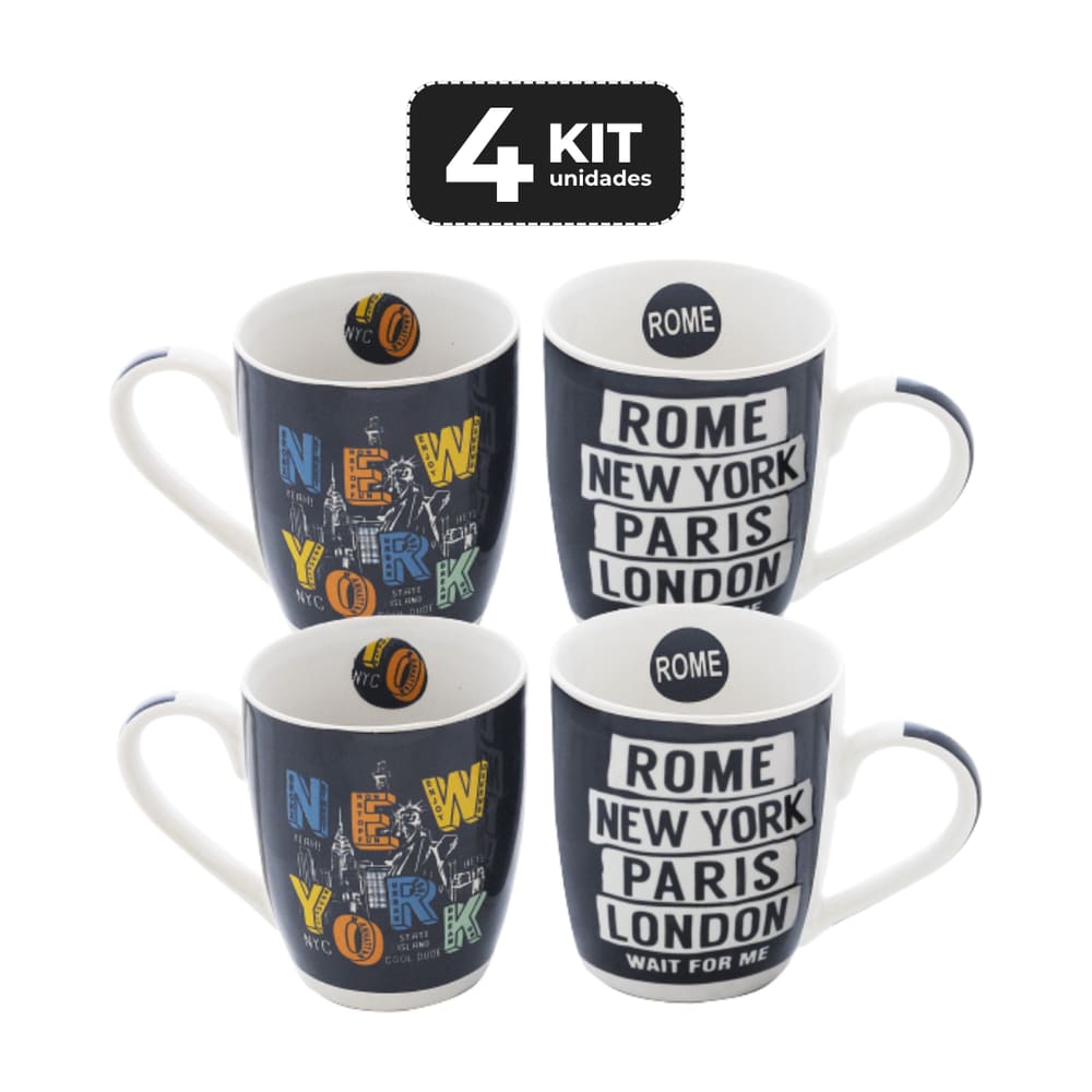 Kit 4 Caneca De Ceramica 330 Ml - Cities Com 2 Mix