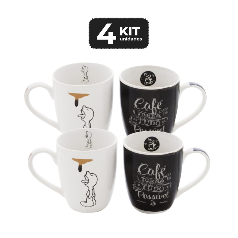 Kit 4 Caneca De Ceramica 330 Ml - Cafe Com 2 Mix