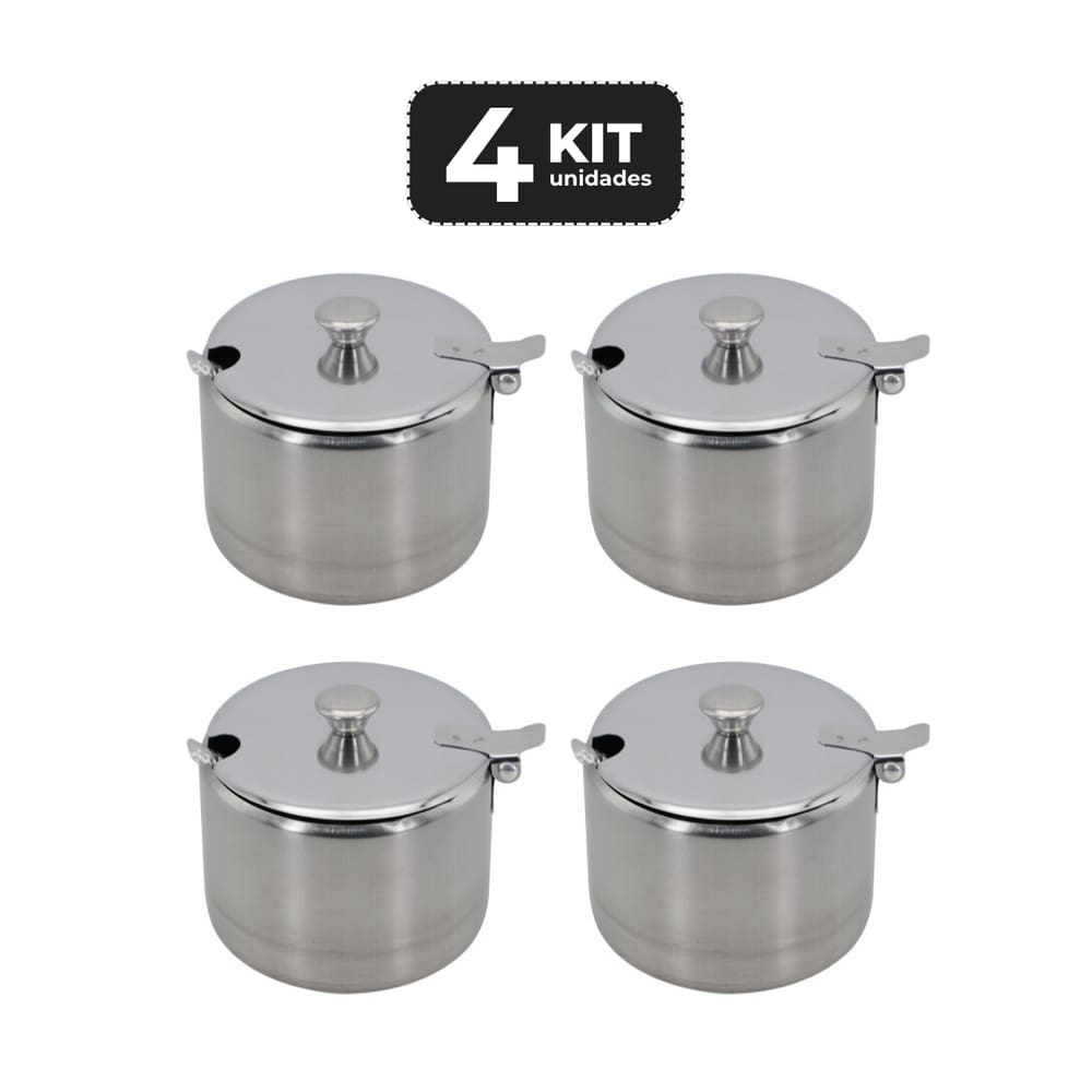 Kit 4 Acucareiro Inox Com Colher 300Ml