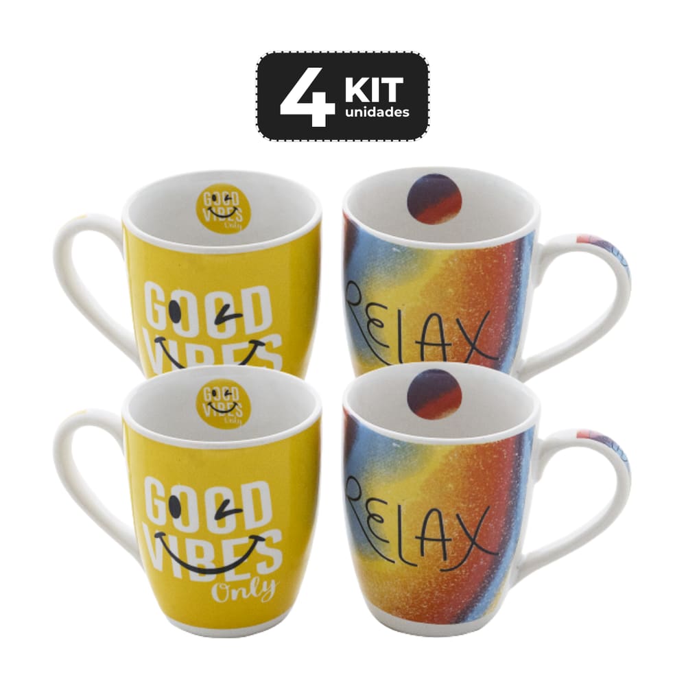 Kit 4 Caneca De Ceramica 330 Ml - Good Vibes Com 2 Mix