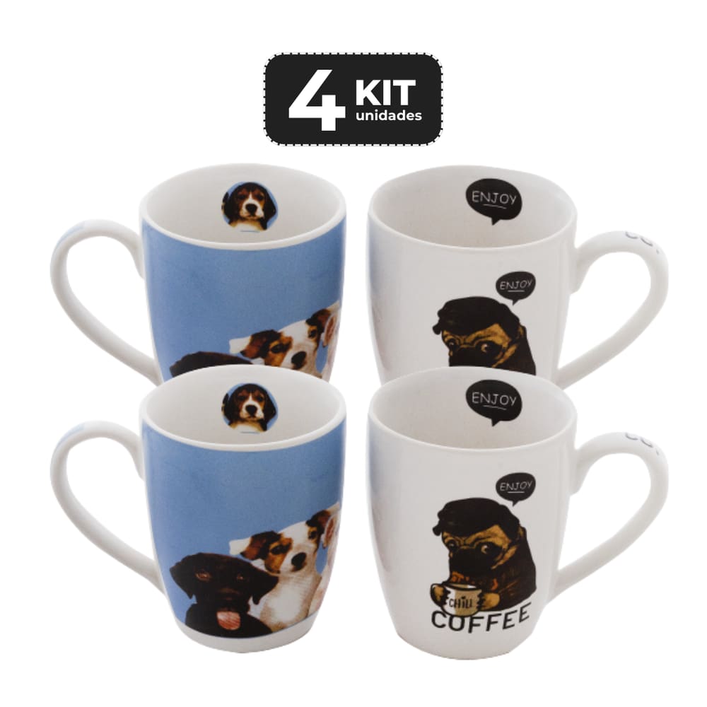 Kit 4 Caneca De Ceramica 330 Ml - Cachorros Com 2 Mix