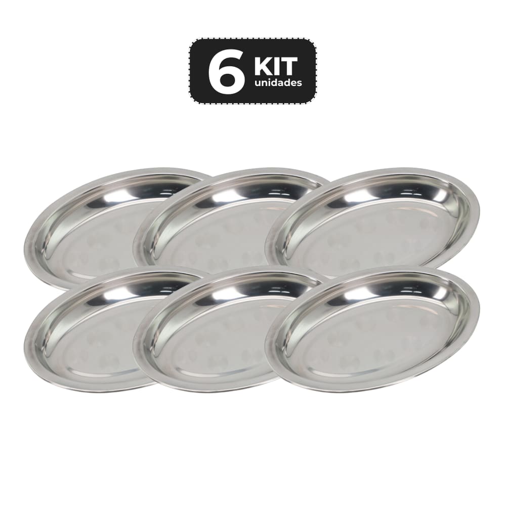 Kit 6 Travessa Oval Inox Funda 20Cm Antideslizante