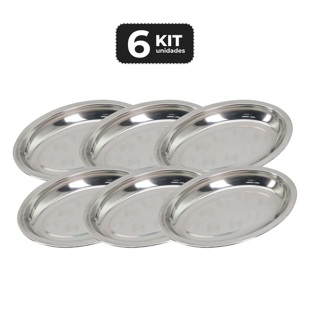 Kit 6 Travessa Oval Inox Funda 25Cm Antideslizante