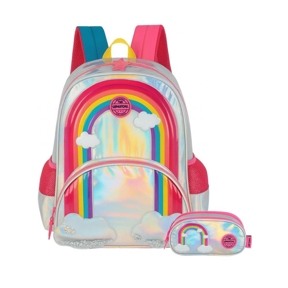 Kit Escolar Arco-Íris Mochila De Costas + Estojo Triplo