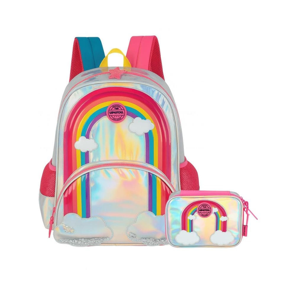 Kit Escolar Arco-Íris Mochila De Costas + Estojo Box - Prata