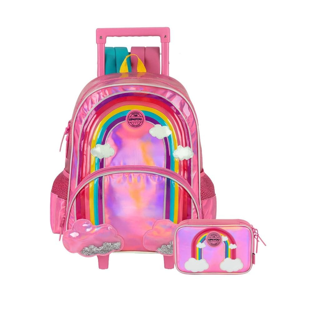 Kit Escolar Arco-Íris Mochila Rodas Costas + Estojo Box