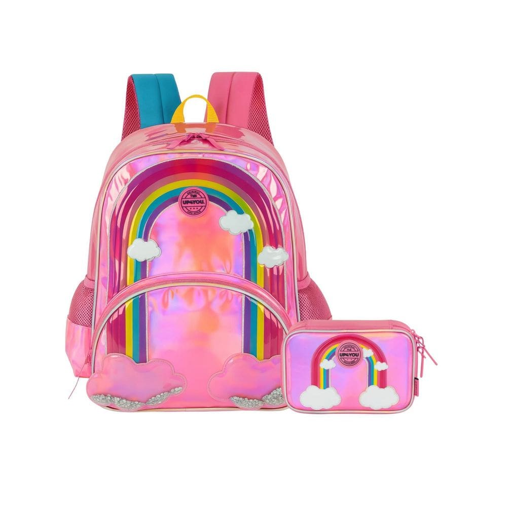 Kit Escolar Arco-Íris Mochila De Costas + Estojo Box - Pink