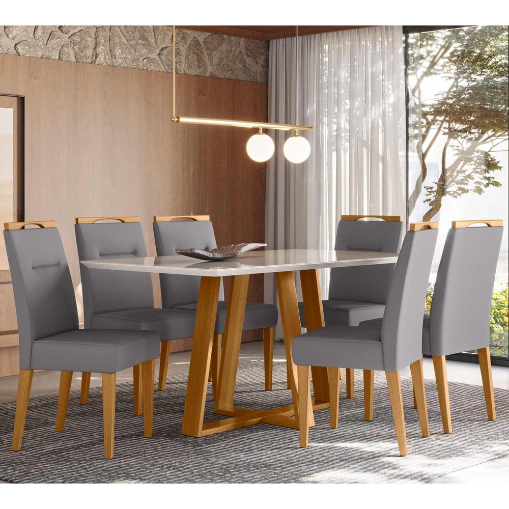 Conjunto Sala de Jantar Mesa 1,60m com 6 Cadeiras Lectus Ypê/Off White/Ja02 - New Ceval