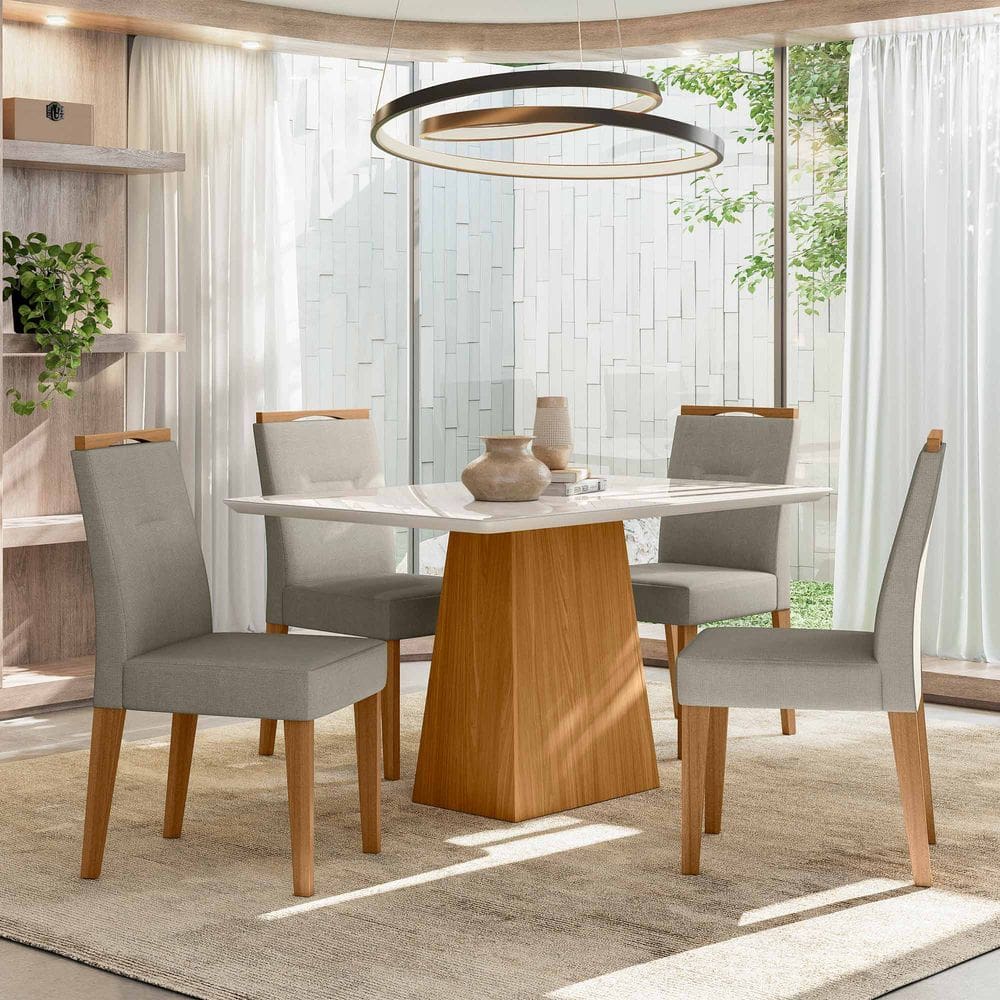 Conjunto Sala de Jantar Mesa Barbara 1,35m com 4 Cadeiras Lectus Ypê/Off White/Ln04 - New Ceval