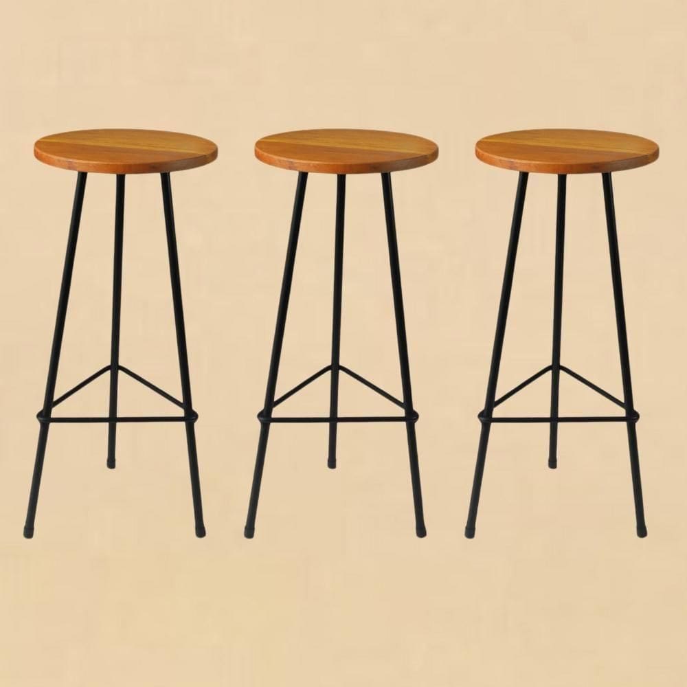 Kit 3 Banquetas Retro Ferro Industrial Assento Madeira 70cm Peroba