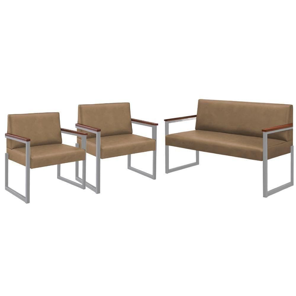 Conjunto Sofá 2 Lugares E 2 Poltronas Niterói Couro Bege Em Metal Champanhe