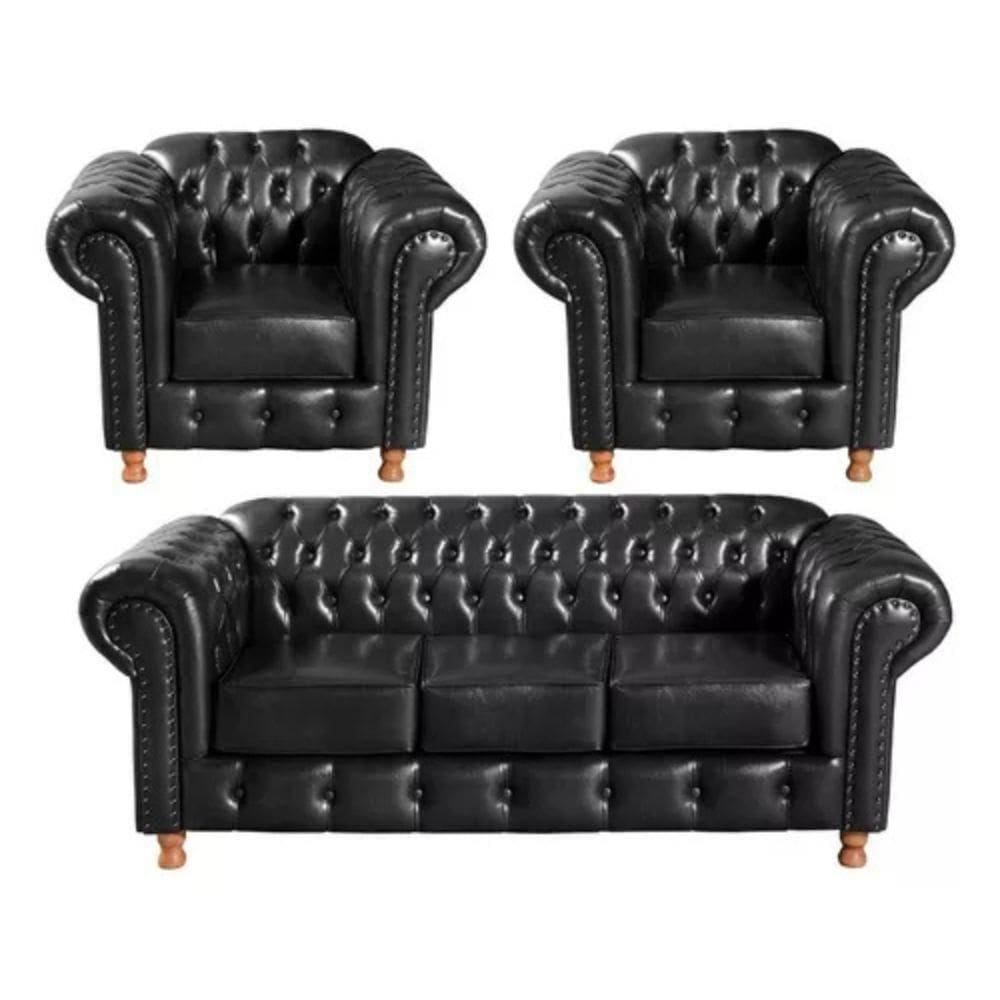 Conjunto Sofá 3 Lugares E 2 Poltrona Chesterfield Luís Xv Vintage Retrô Capitonê Couro Preto