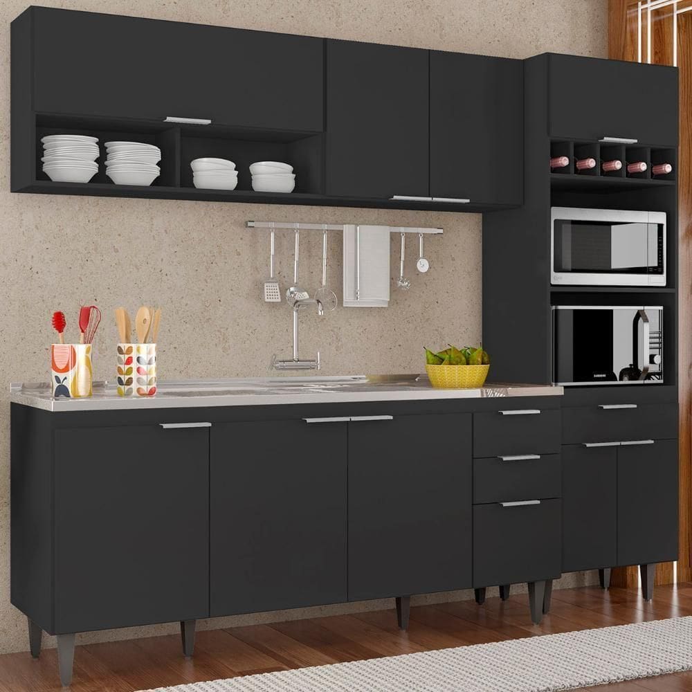 Armário De Cozinha Cp02 Com Pia 180cm Pérola Z34 Preto - Mpozenato
