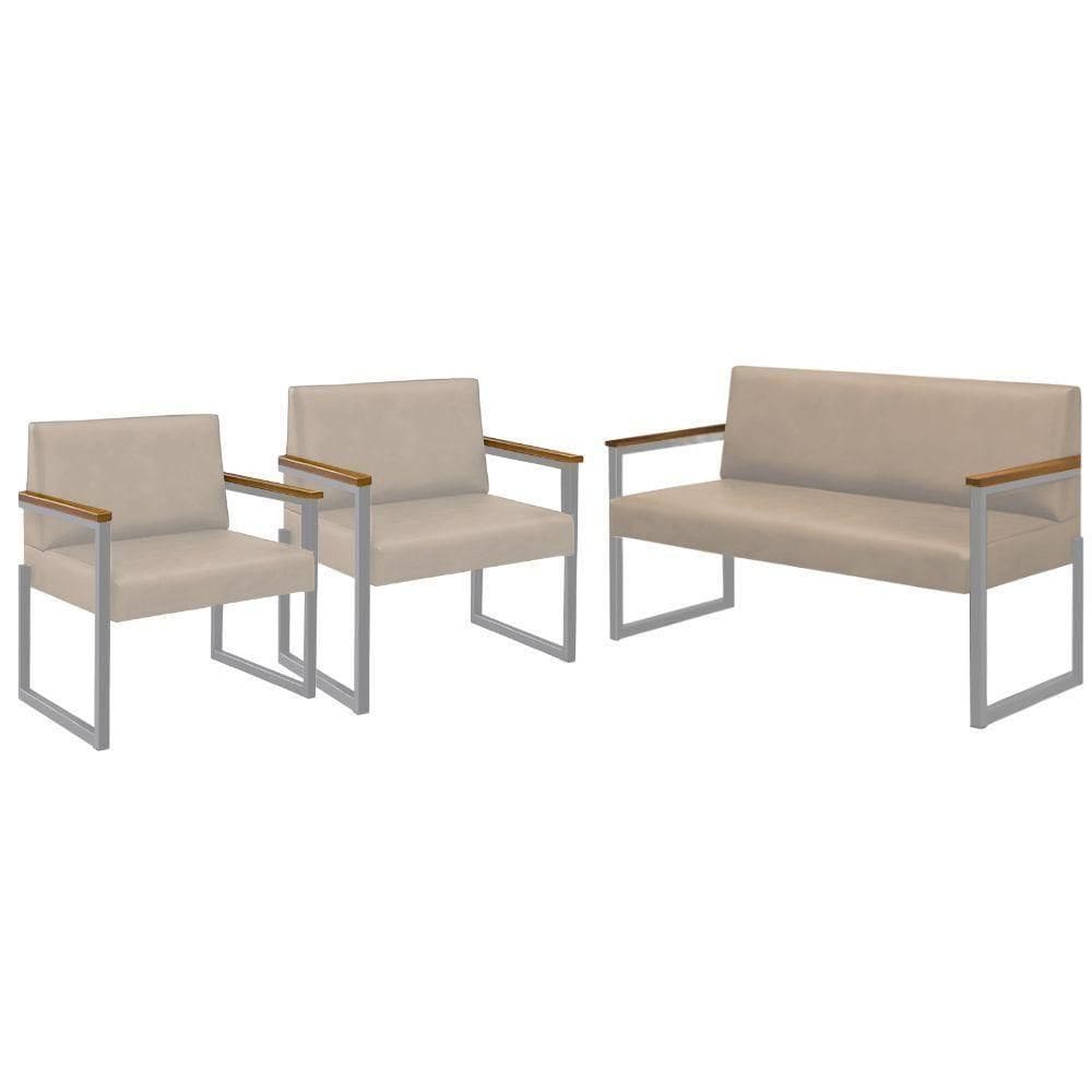 Conjunto Sofá 2 Lugares E 2 Poltronas Niterói Couro Off White Em Metal Champanhe