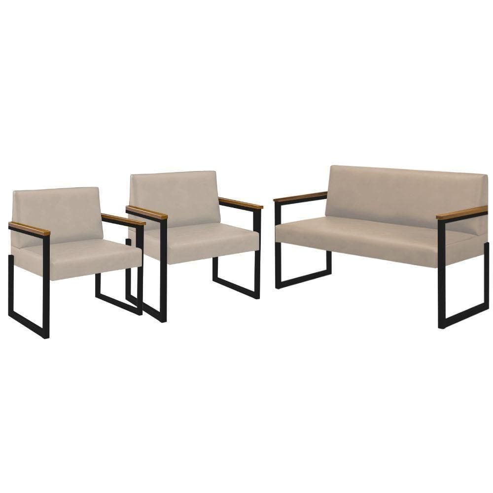 Conjunto Sofá 2 Lugares E 2 Poltronas Niterói Couro Off White Em Metal Preto