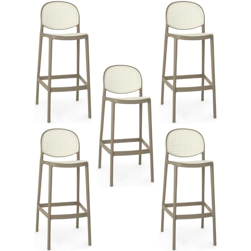 Kit 5 Banqueta Alta Com Encosto Roma Em Polipropileno Cozinha/bancada - Branco/cinza Escuro