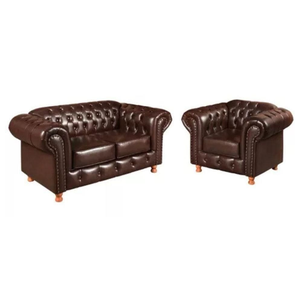 Conjunto Sofá 2 Lugares E Poltrona Chesterfield Luís Xv Vintage Retrô Capitonê Couro Marrom