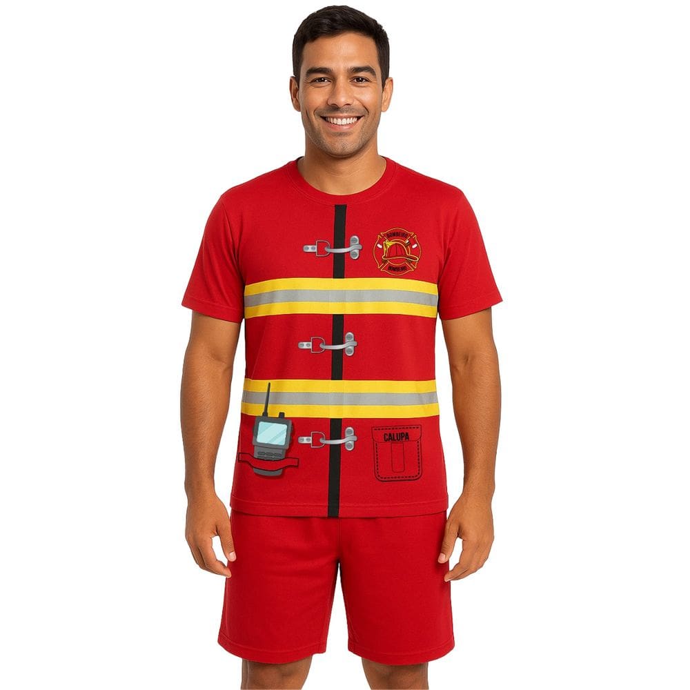 Conjunto Adulto Fantasia Temática Bombeiro Com Camiseta e Short