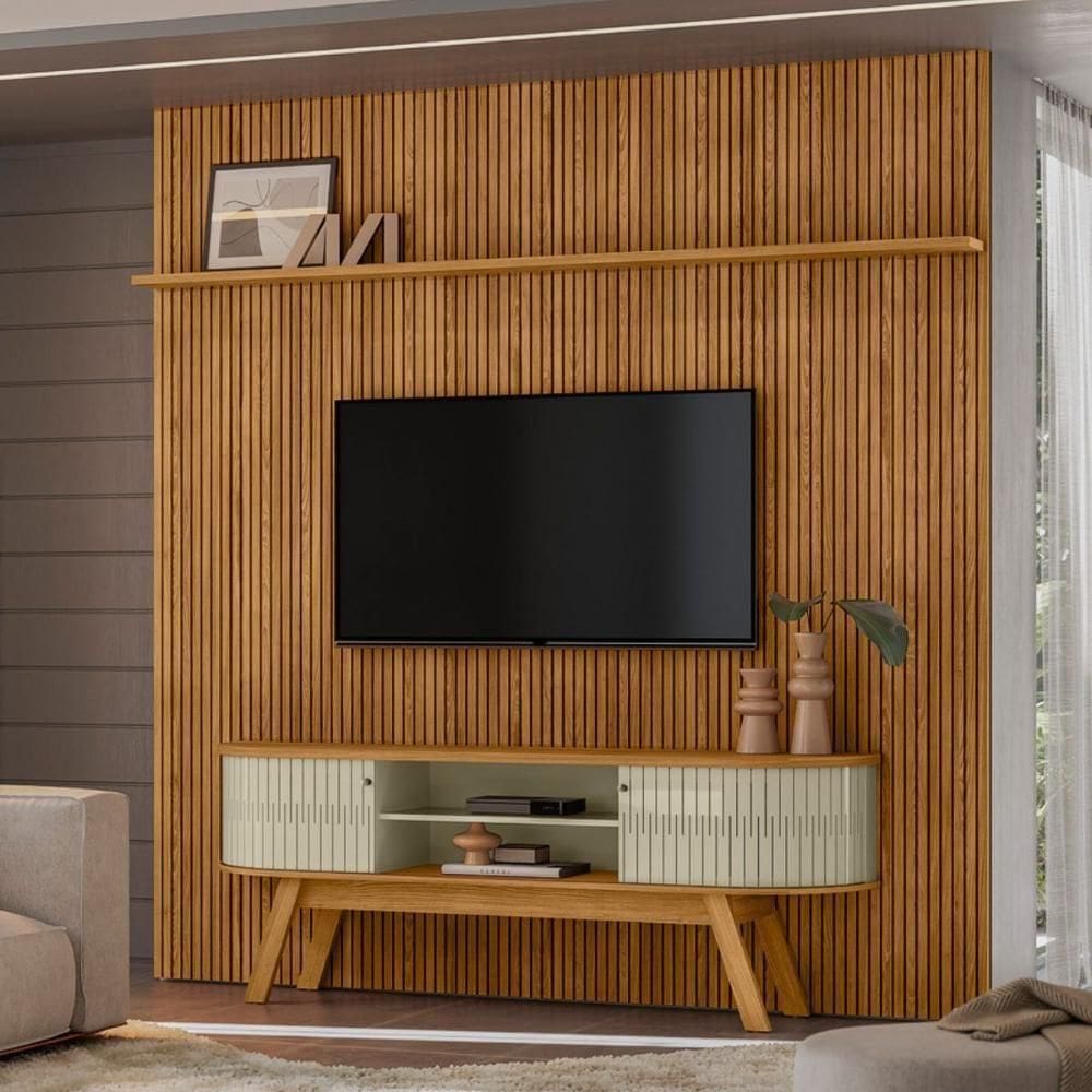 Conjunto New Laguna Painel Com Prateleira Aparador Rack Cumaru/opala