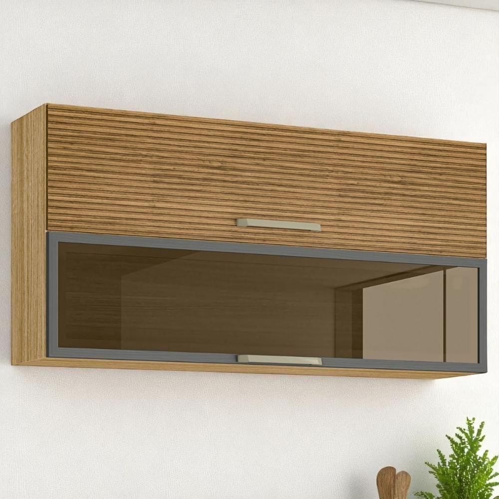 Armário 2 Basculante C/ Vidro 120 Cm Ametista Freijó Ripado Gris