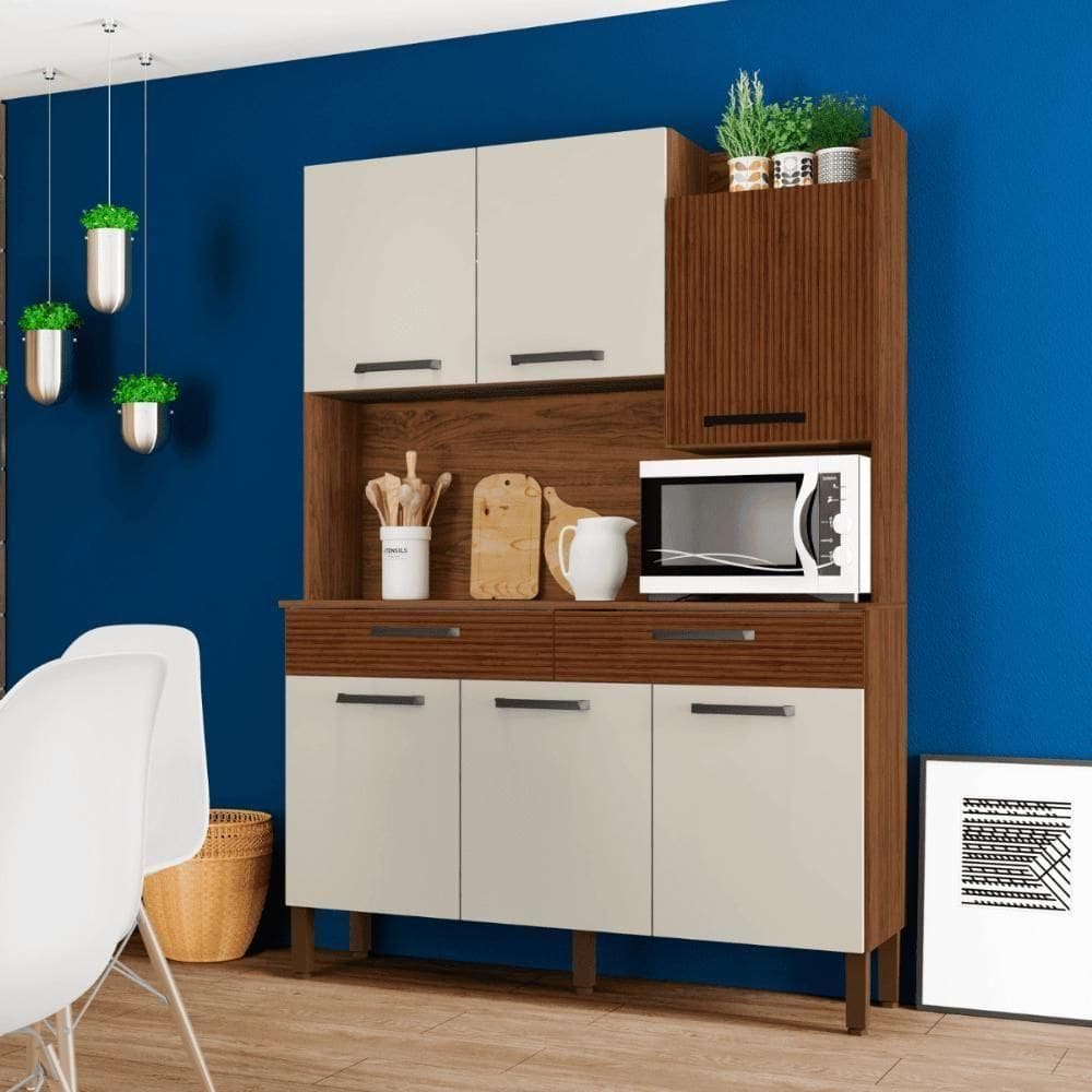 Conjunto Cozinha 6 Portas E Gavetas Modena Nogueira / Ripado / Off White