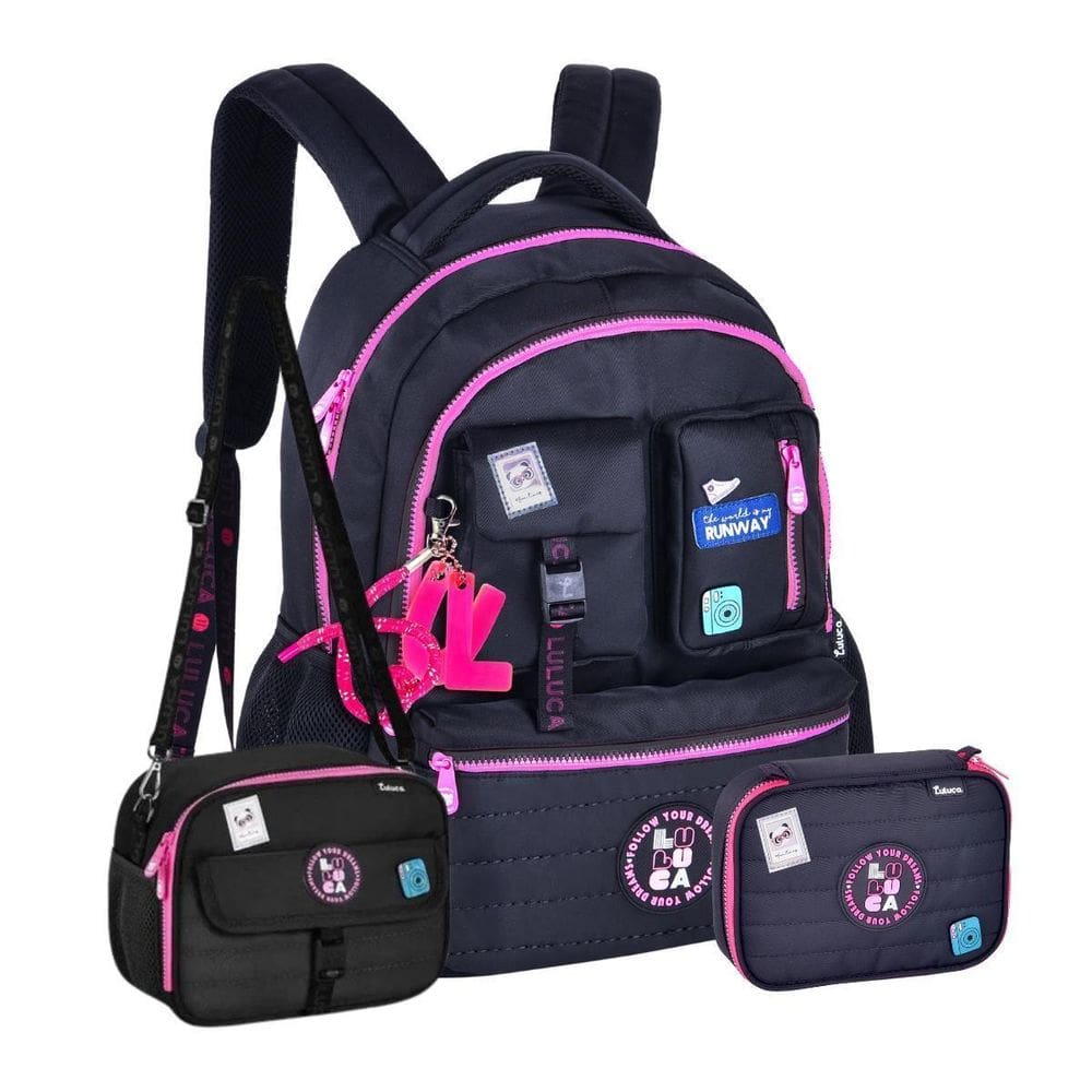 Kit Mochila Costas Luluca Lancheira Térmica Estojo - Preto